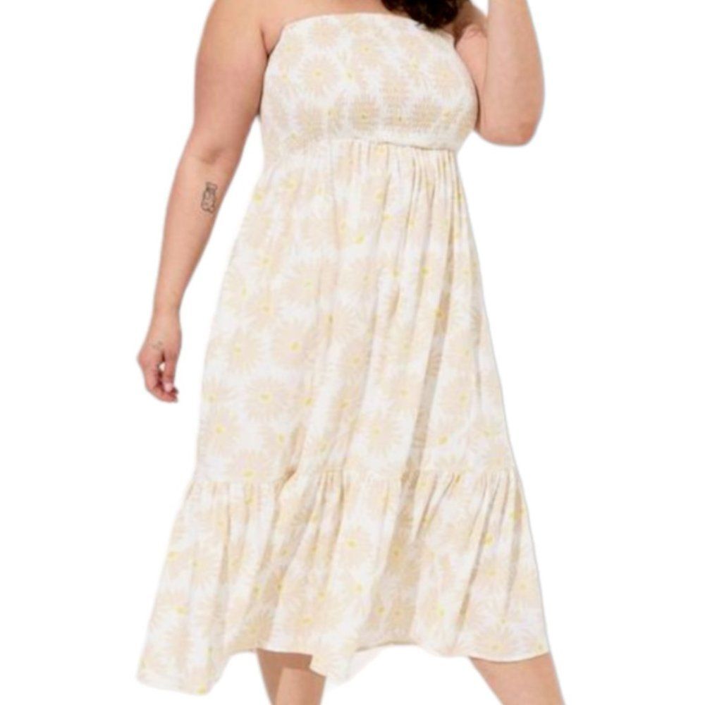 Torrid Cream Daisy Print Smocked Strapless Side Pocket Midi Dress Plus Size 3X